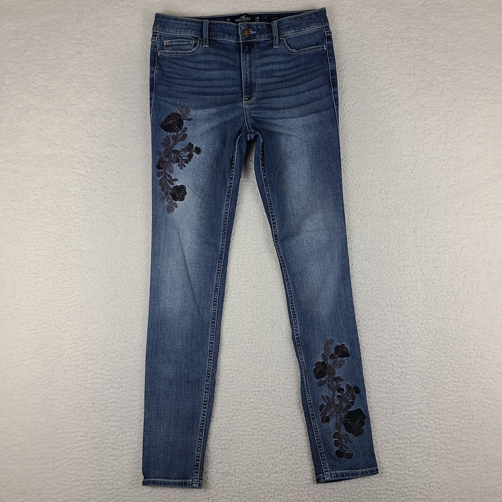 Hollister Jeans Womens 7 28x30 Blue High Rise Super‎ Skinny Dark Wash Floral